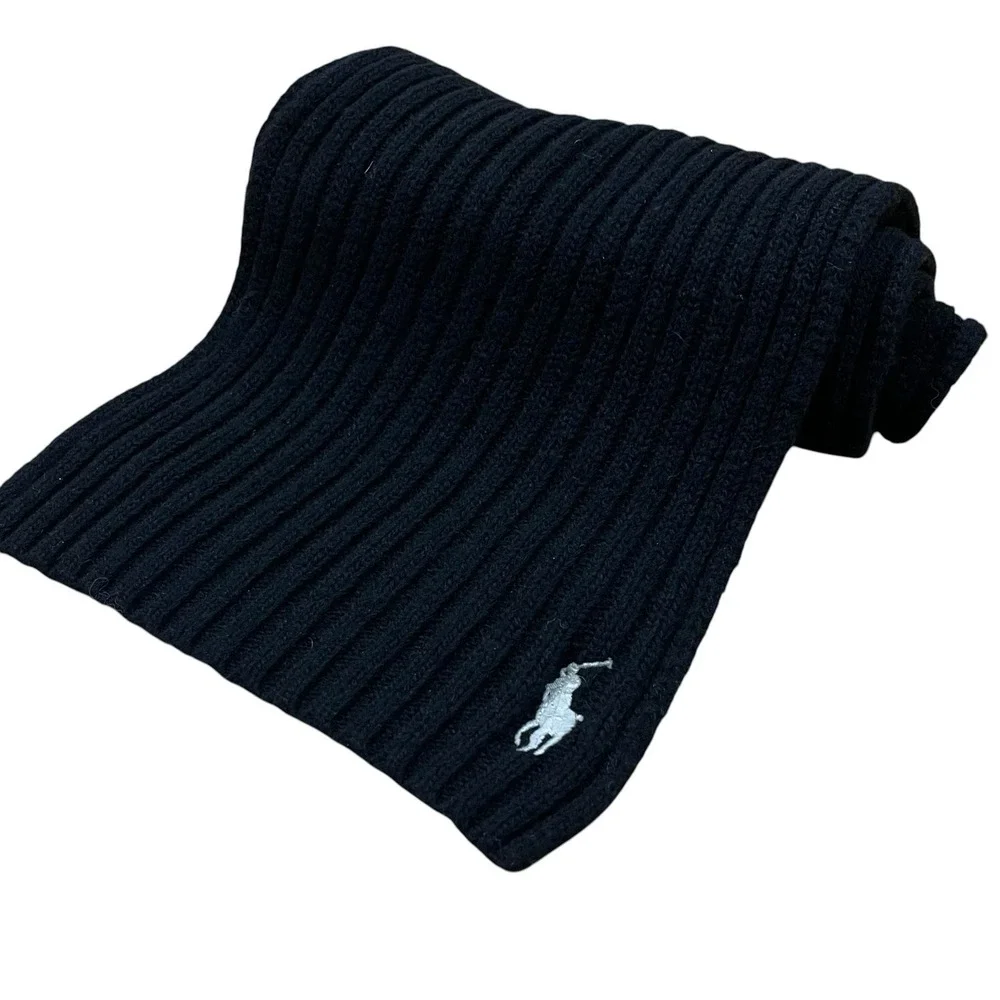 Polo Ralph Lauren Wool Blend Rectangular Scarf One Size Black Ribbed Knit Pony
